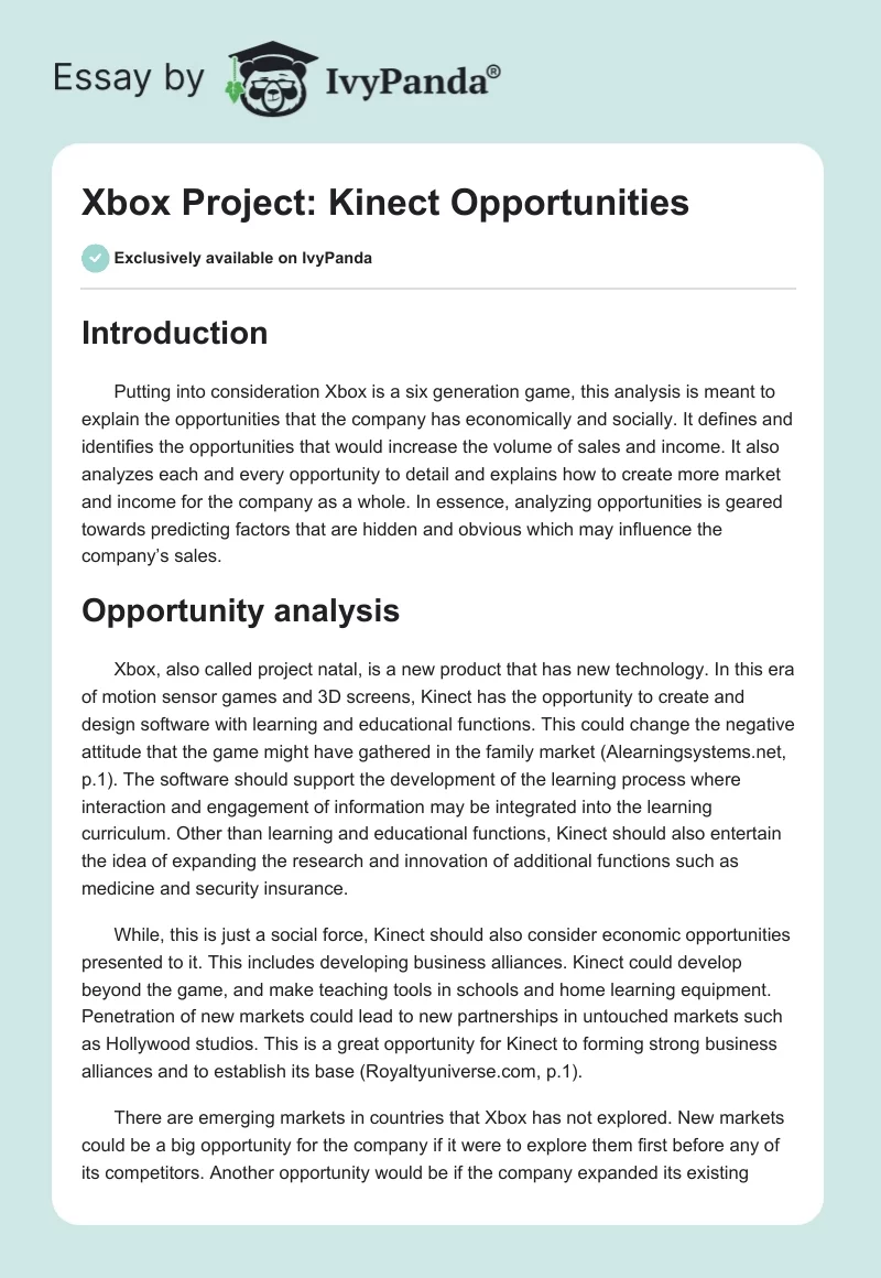 Xbox Project: Kinect Opportunities. Page 1