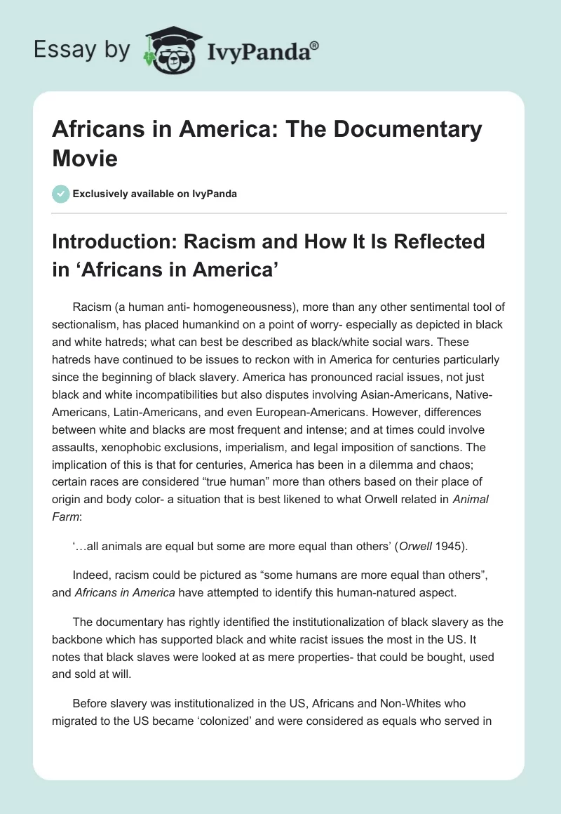 "Africans in America": The Documentary Movie. Page 1