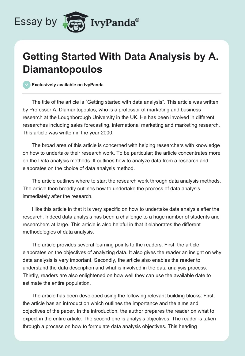 "Getting Started With Data Analysis" by A. Diamantopoulos. Page 1