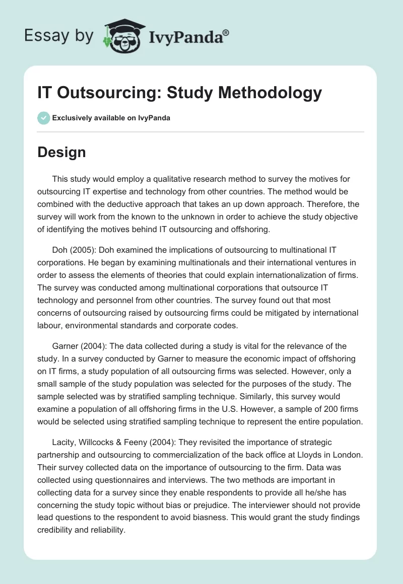 IT Outsourcing: Study Methodology - 570 Words | Coursework Example