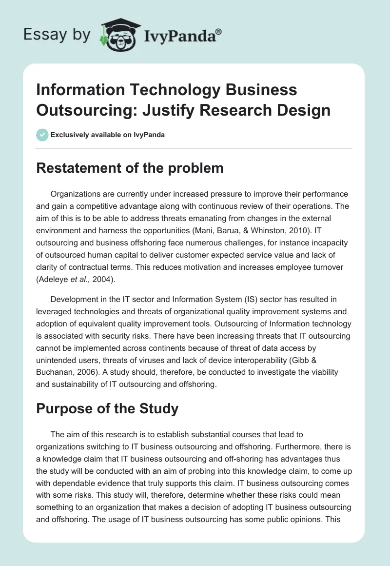 Information Technology Business Outsourcing: Justify Research Design. Page 1