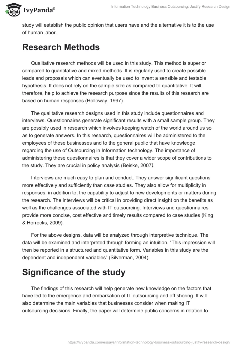 Information Technology Business Outsourcing: Justify Research Design. Page 2