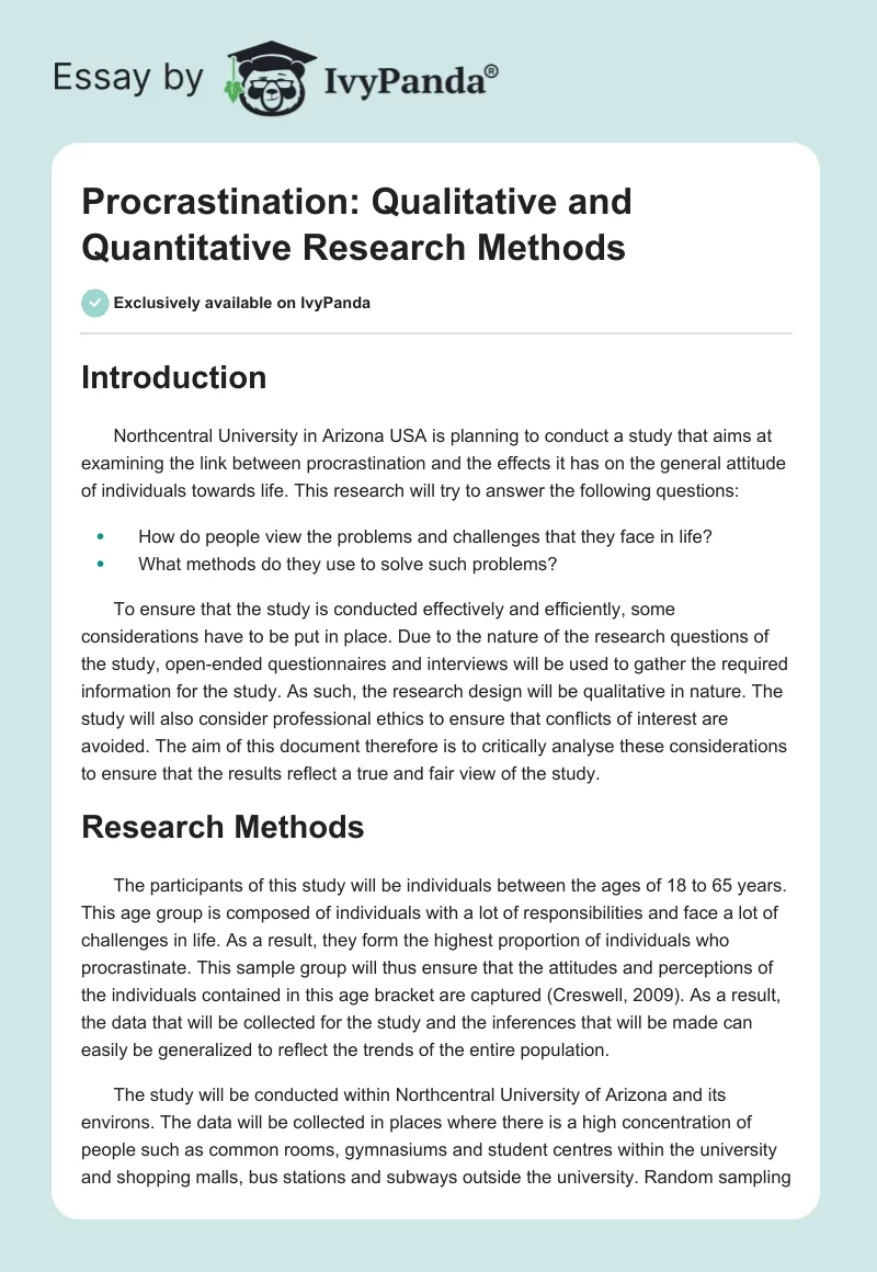 Procrastination: Qualitative and Quantitative Research Methods. Page 1