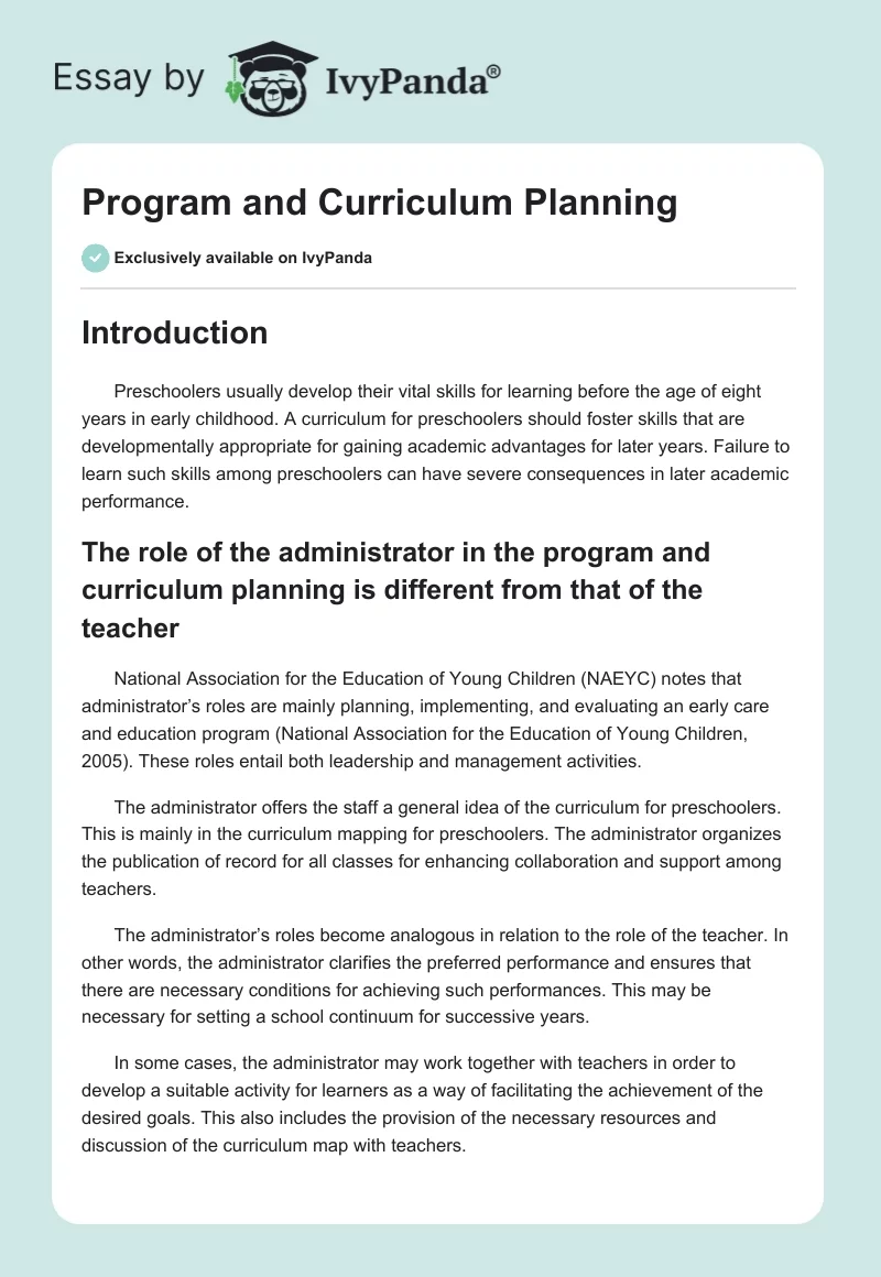 Program and Curriculum Planning. Page 1