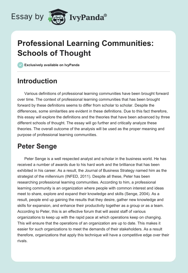 Professional Learning Communities: Schools of Thought. Page 1