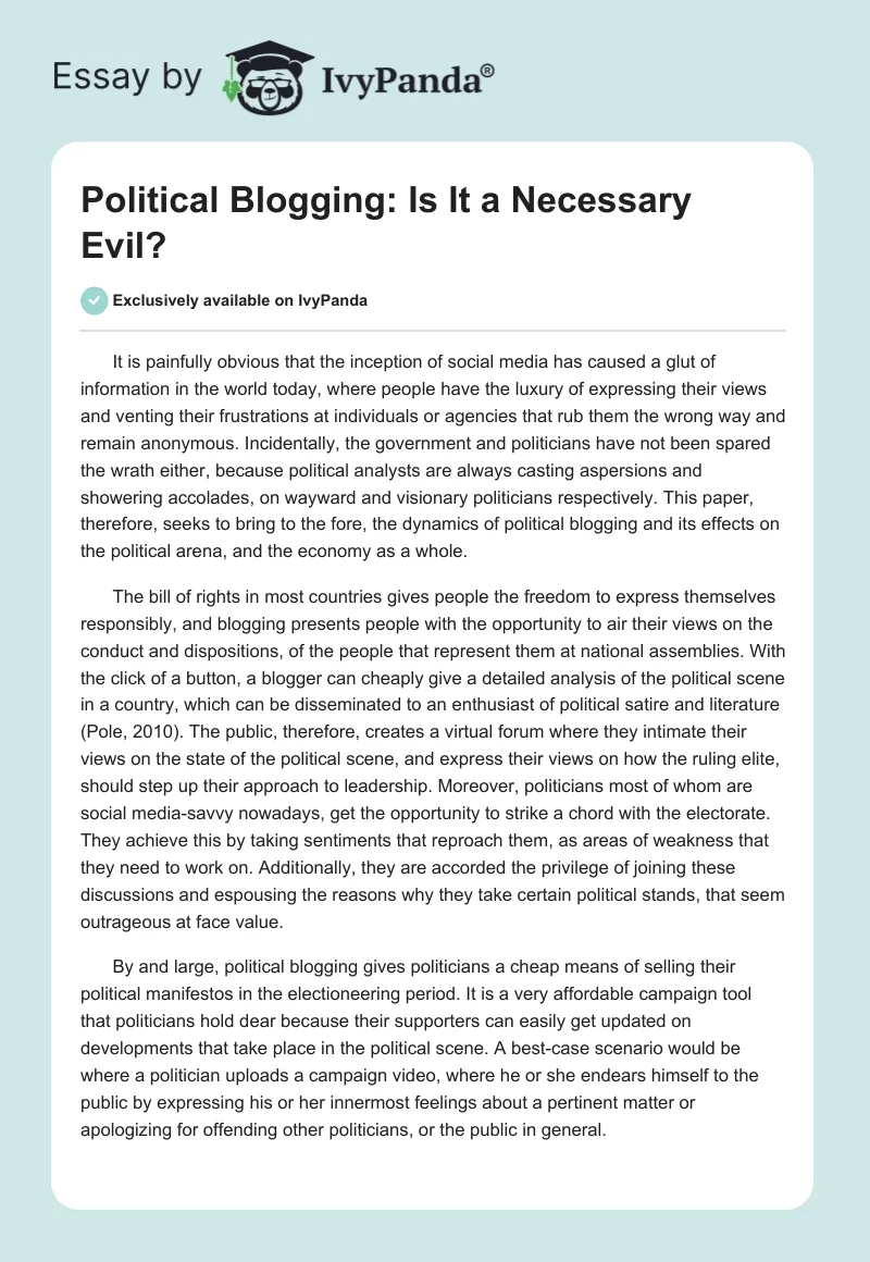 Political Blogging: Is It a Necessary Evil?. Page 1