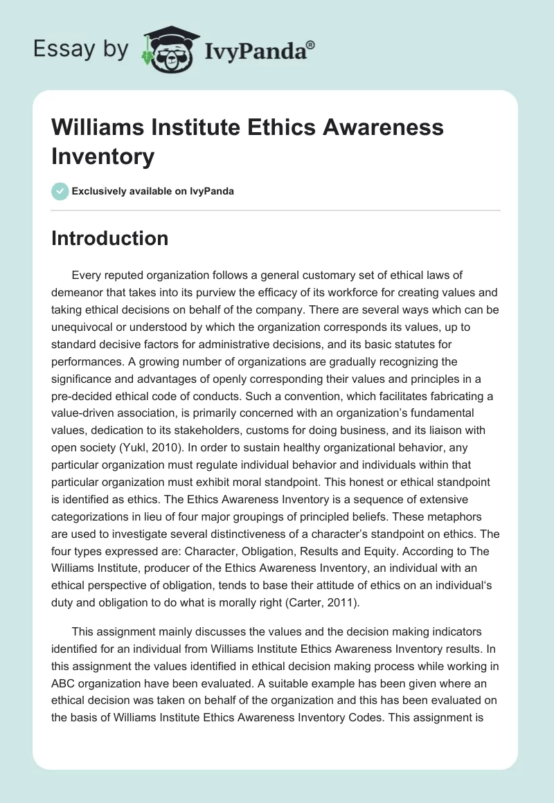 Williams Institute Ethics Awareness Inventory. Page 1