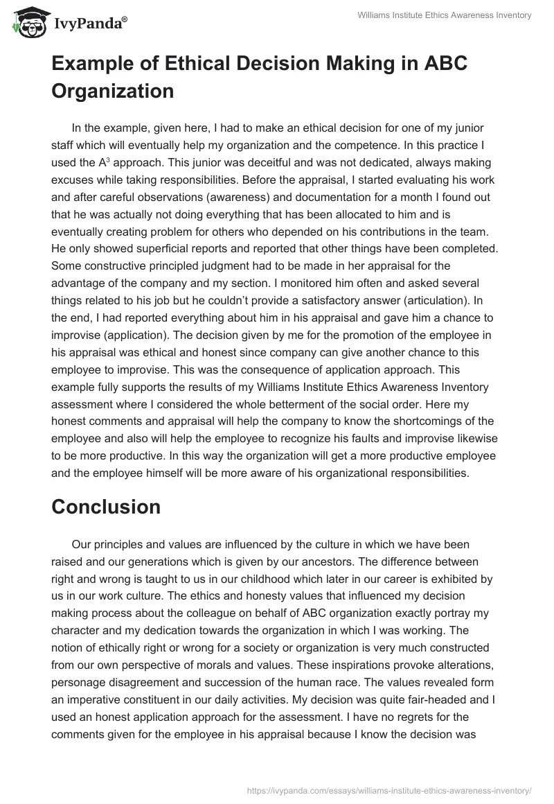 Williams Institute Ethics Awareness Inventory. Page 3