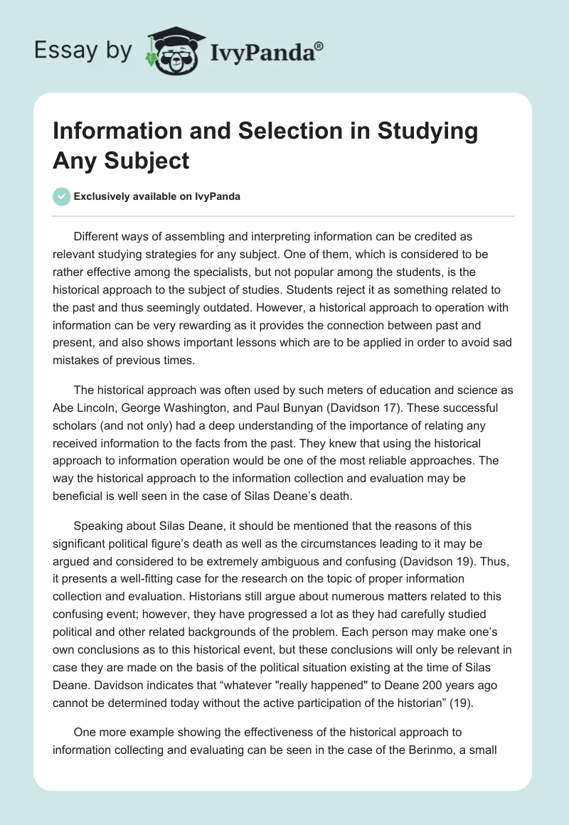 Information and Selection in Studying Any Subject. Page 1