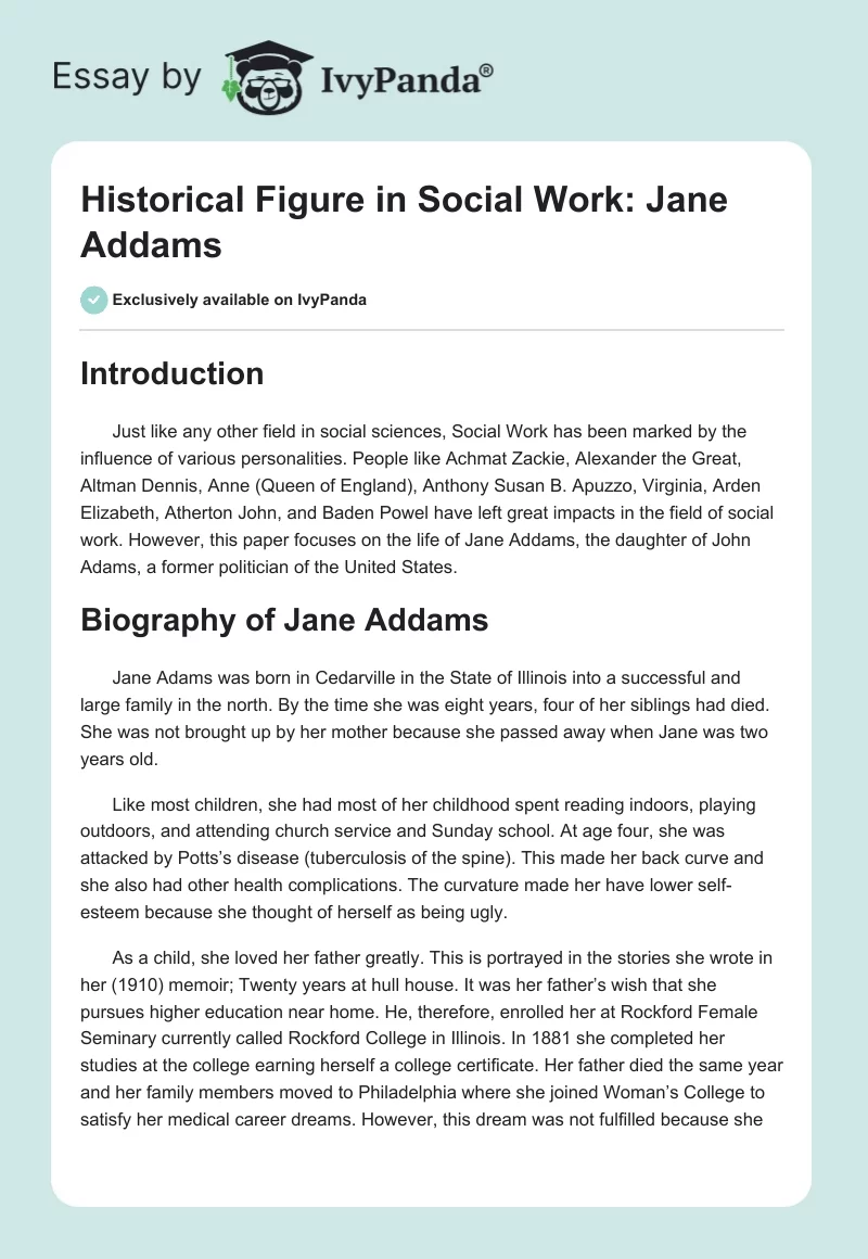 Historical Figure in Social Work: Jane Addams. Page 1