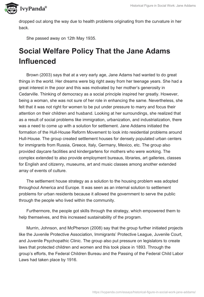 Historical Figure in Social Work: Jane Addams. Page 2