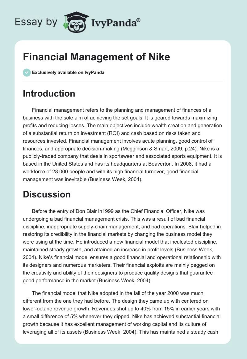 Financial Management of Nike. Page 1