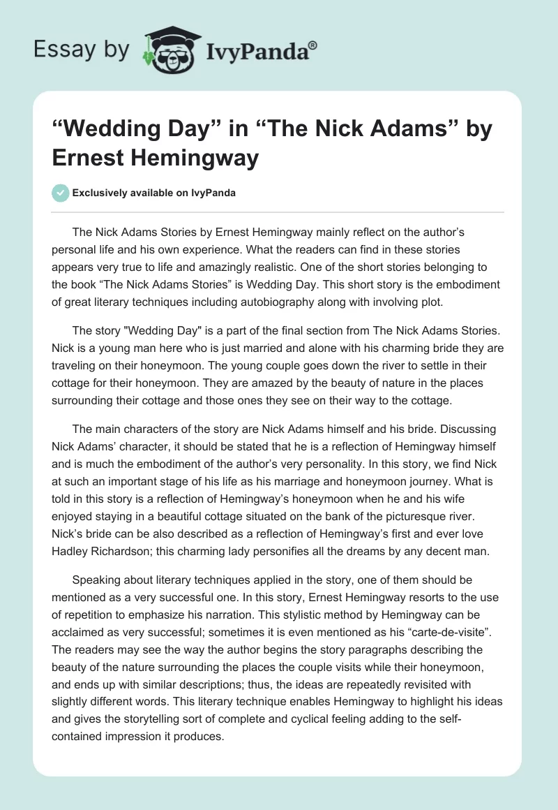 “Wedding Day” in “The Nick Adams” by Ernest Hemingway. Page 1