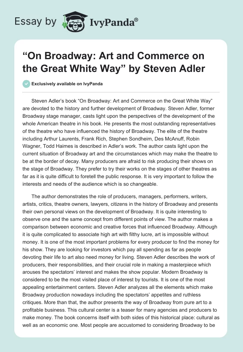 “On Broadway: Art and Commerce on the Great White Way” by Steven Adler. Page 1