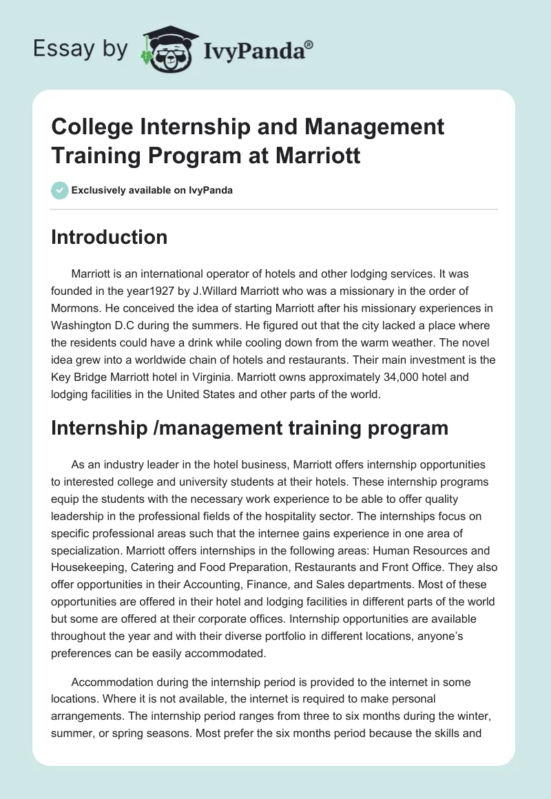 College Internship and Management Training Program at Marriott. Page 1
