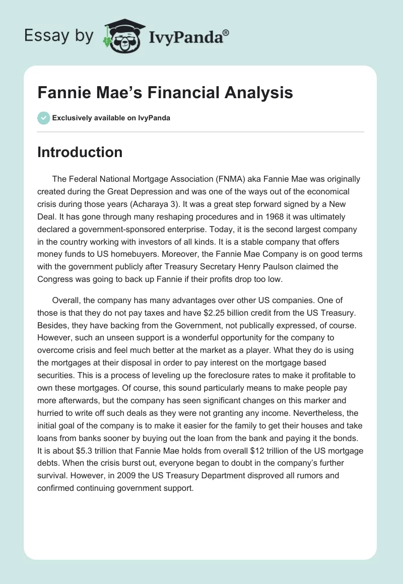 Fannie Mae’s Financial Analysis. Page 1