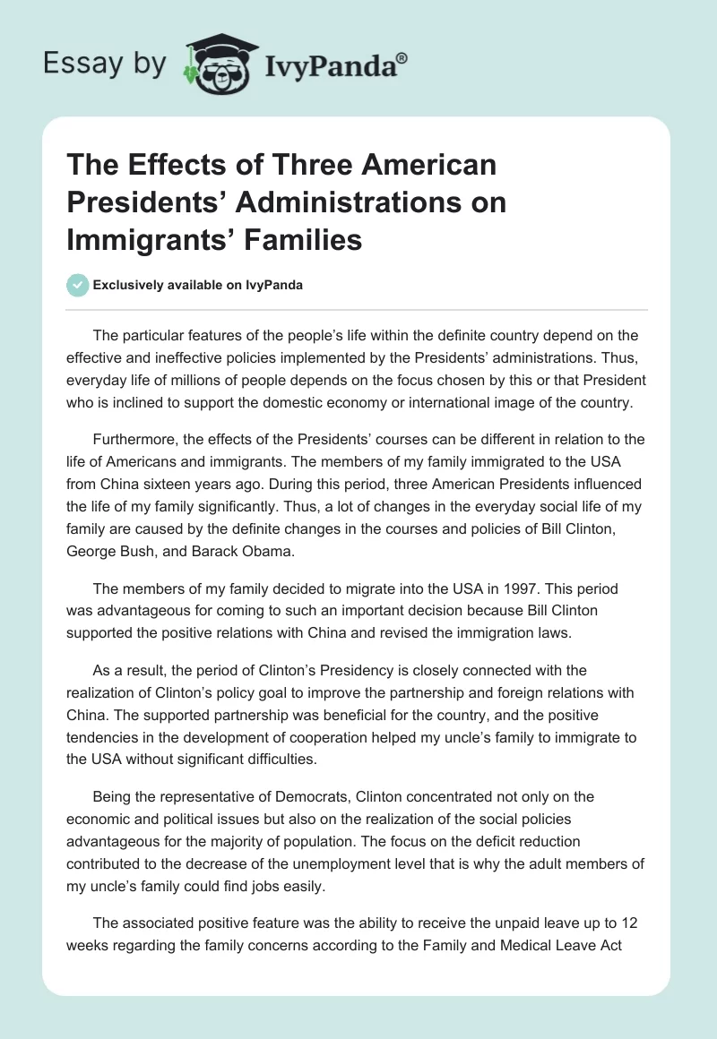 The Effects of Three American Presidents’ Administrations on Immigrants’ Families. Page 1
