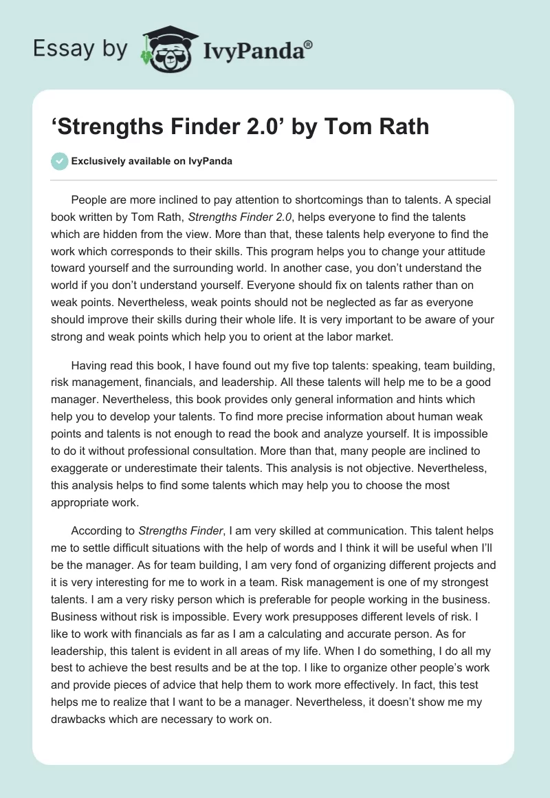 ‘Strengths Finder 2.0’ by Tom Rath. Page 1