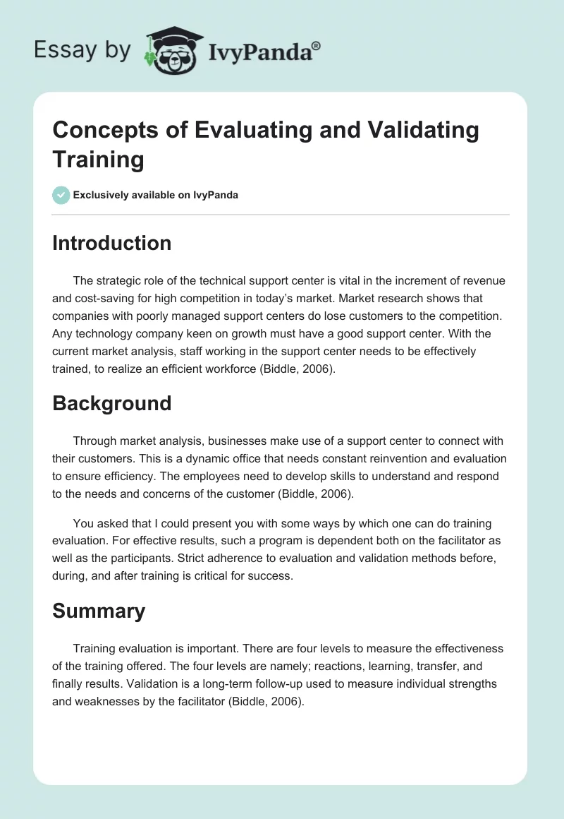 Concepts of Evaluating and Validating Training. Page 1