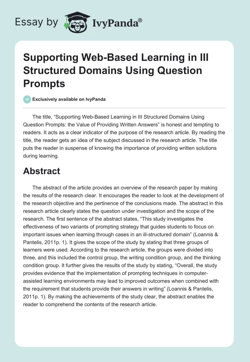 Supporting Web-Based Learning in III Structured Domains Using Question Prompts. Page 1