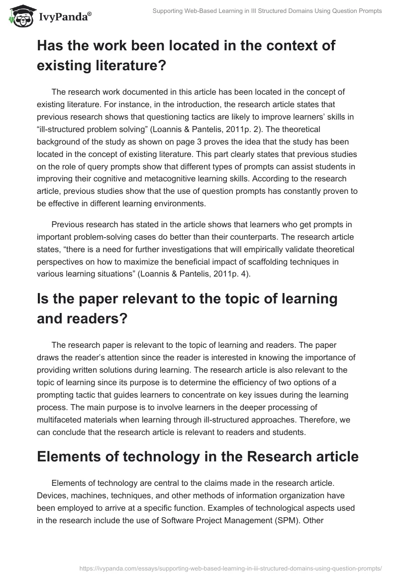 Supporting Web-Based Learning in III Structured Domains Using Question Prompts. Page 2