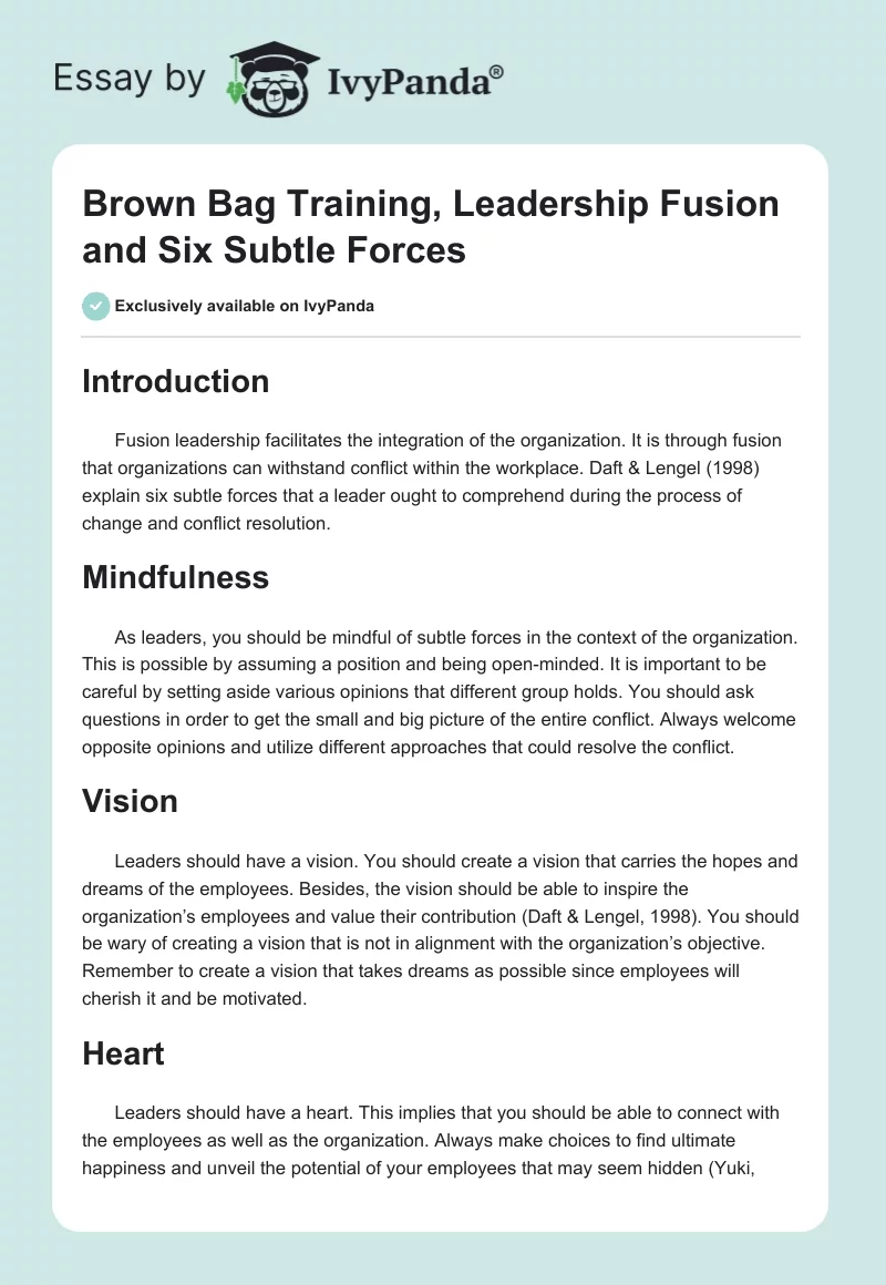 Brown Bag Training, Leadership Fusion and Six Subtle Forces. Page 1
