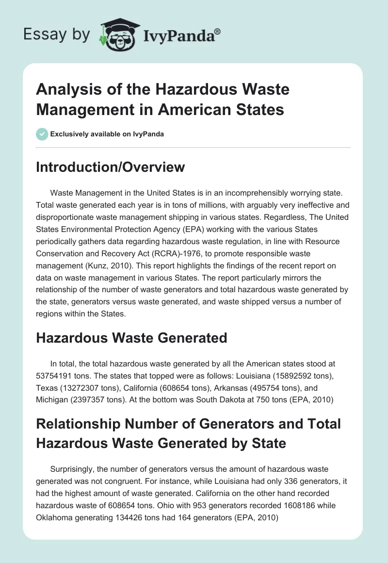 Analysis of the Hazardous Waste Management in American States. Page 1