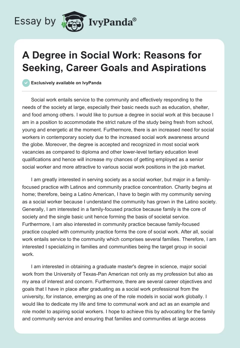 A Degree in Social Work: Reasons for Seeking, Career Goals and Aspirations. Page 1