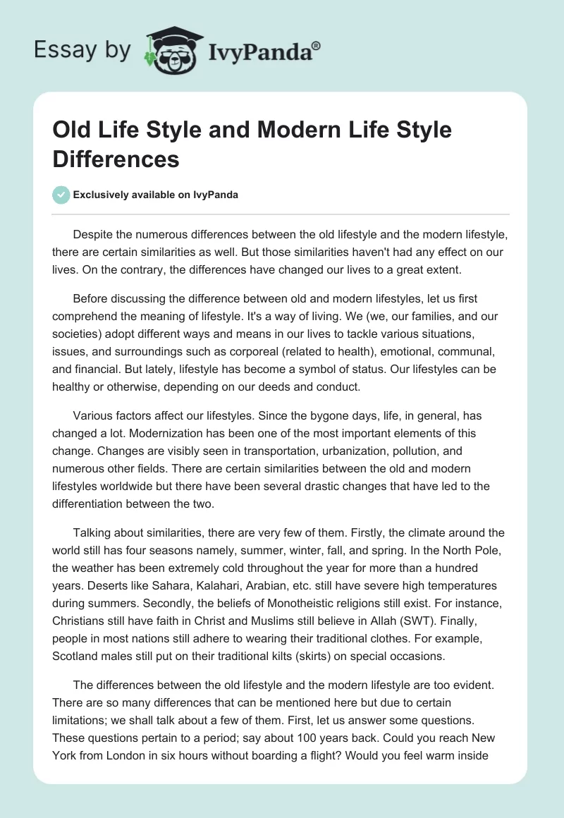 Old Life Style and Modern Life Style Differences. Page 1