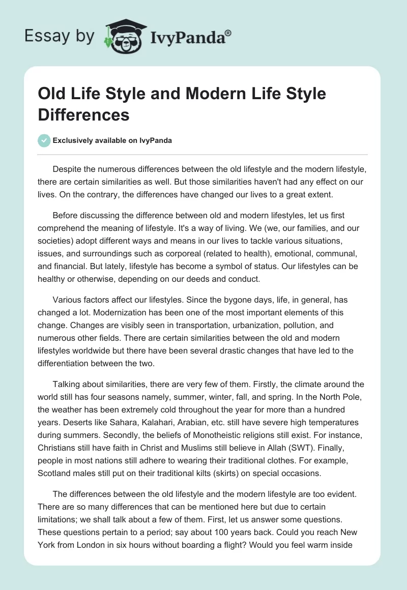 Old Life Style And Modern Life Style Differences 1162 Words Essay 