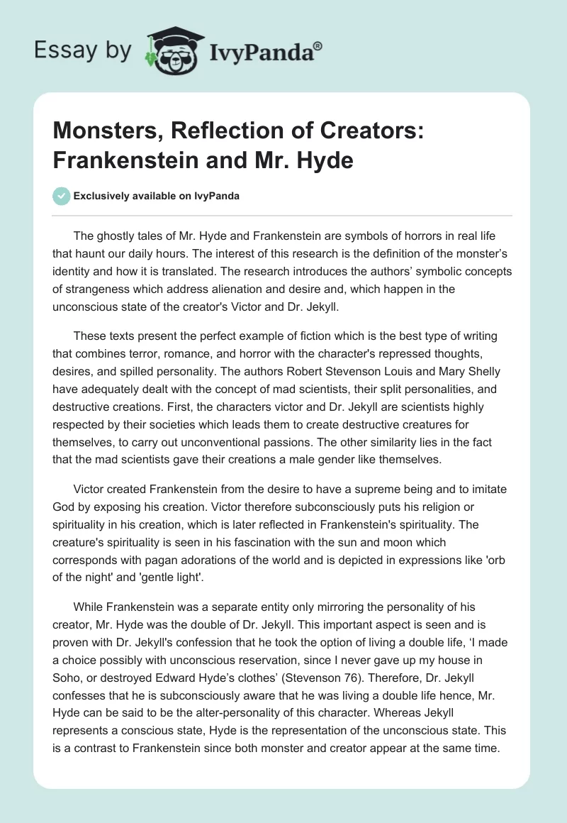 Monsters, Reflection of Creators: Frankenstein and Mr. Hyde. Page 1