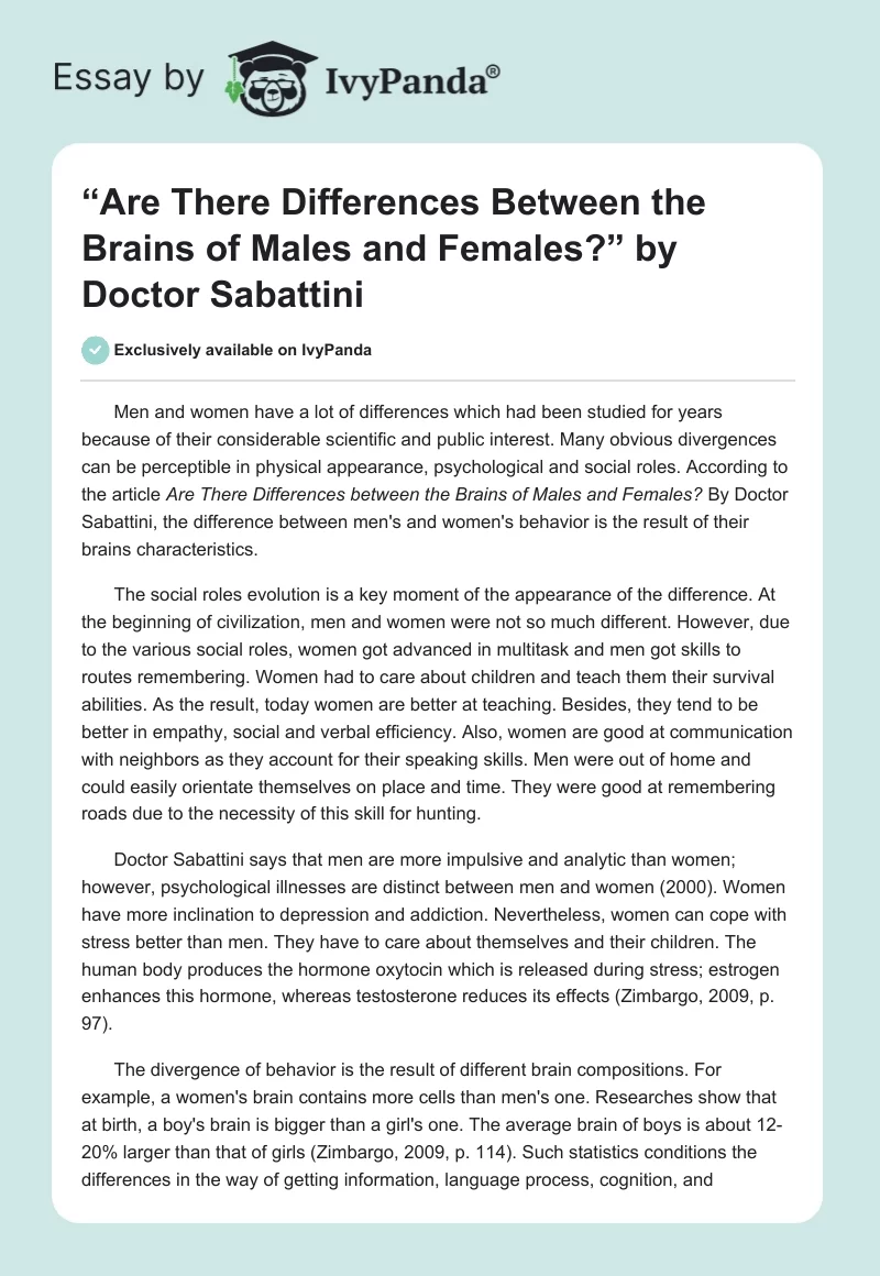 “Are There Differences Between the Brains of Males and Females?” by Doctor Sabattini. Page 1