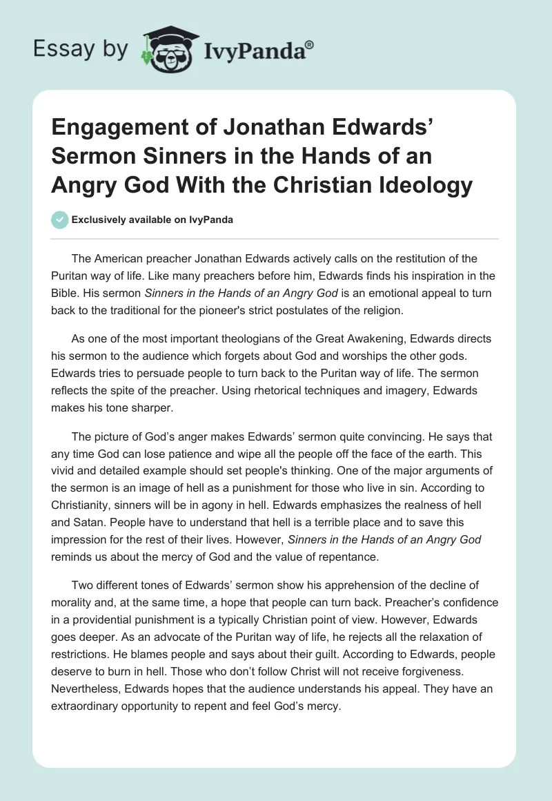 Engagement of Jonathan Edwards’ Sermon Sinners in the Hands of an Angry God With the Christian Ideology. Page 1