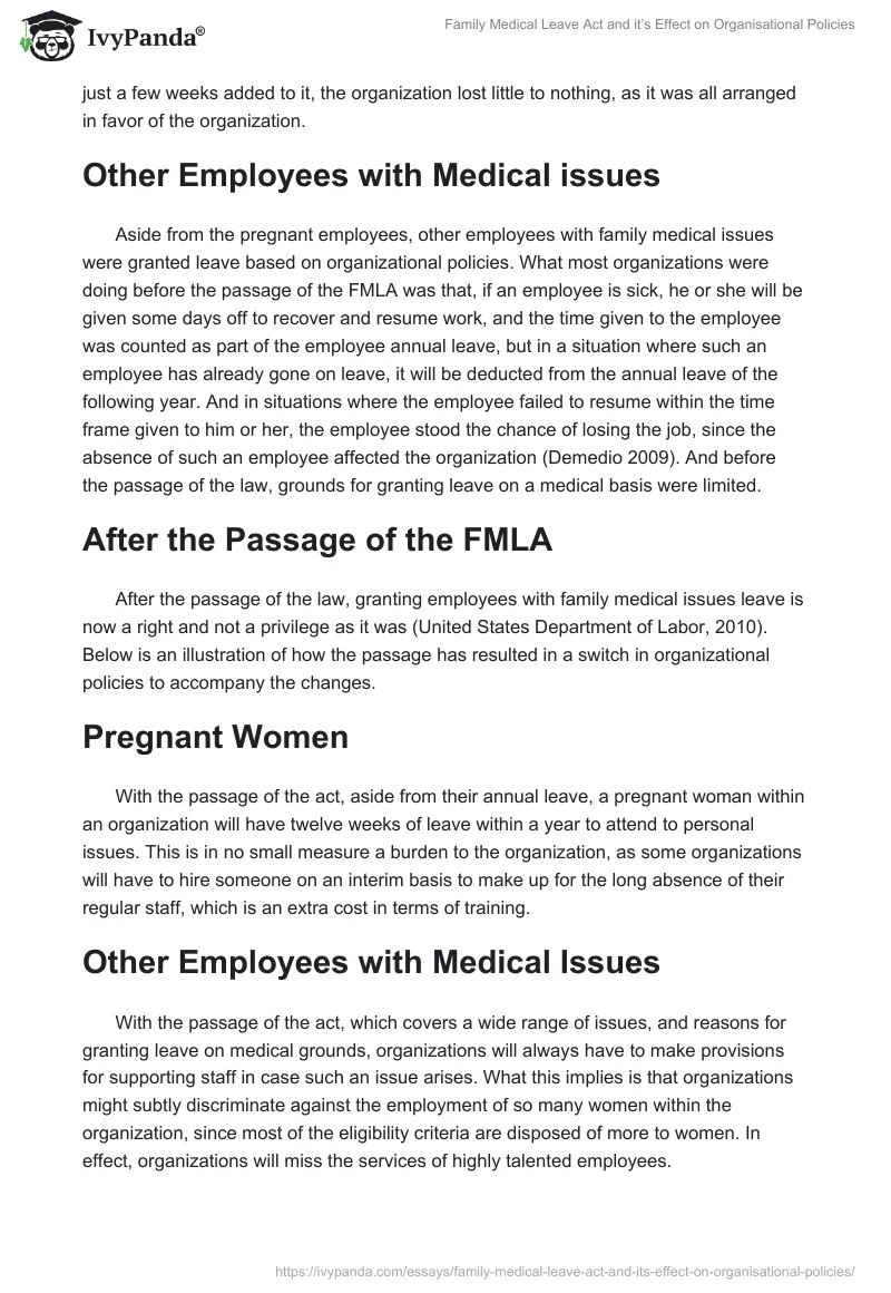 Family Medical Leave Act and it’s Effect on Organisational Policies. Page 2