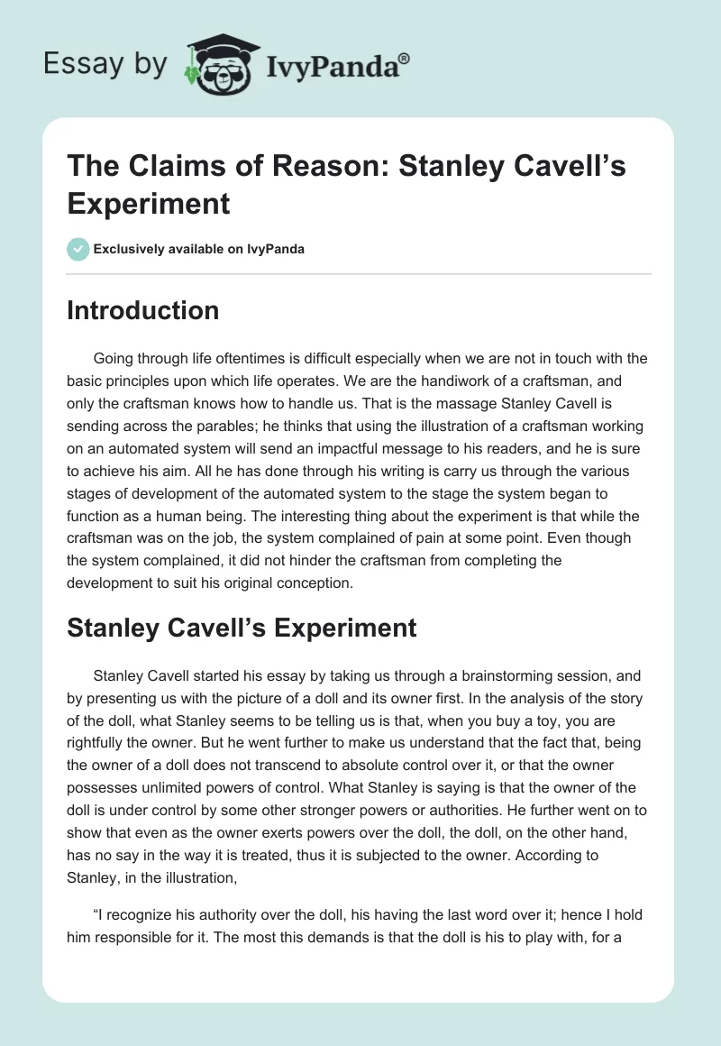 The Claims of Reason: Stanley Cavell’s Experiment. Page 1