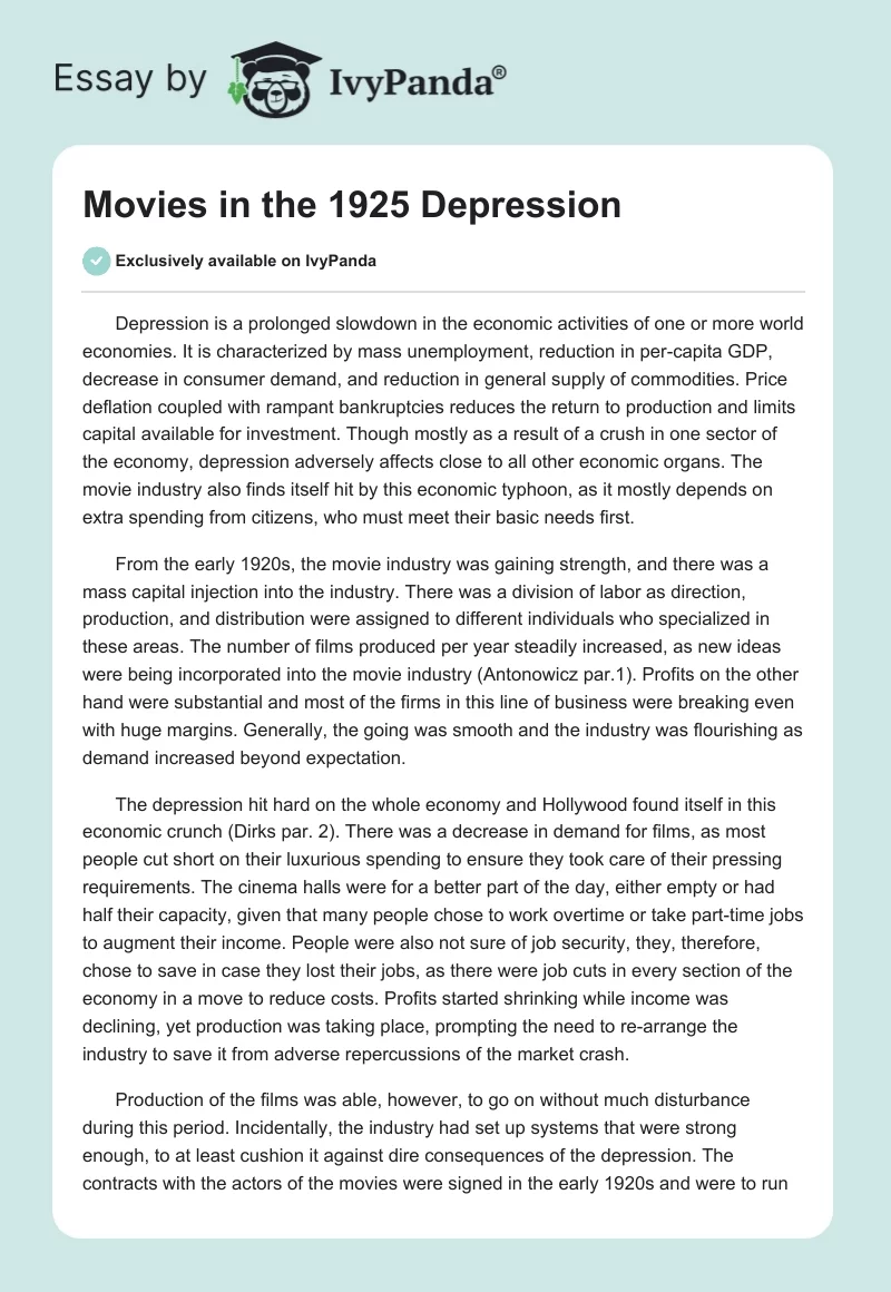 Movies in the 1925 Depression. Page 1