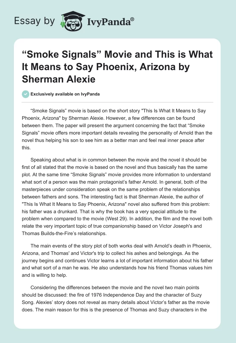 “Smoke Signals” Movie and "This is What It Means to Say Phoenix, Arizona" by Sherman Alexie. Page 1
