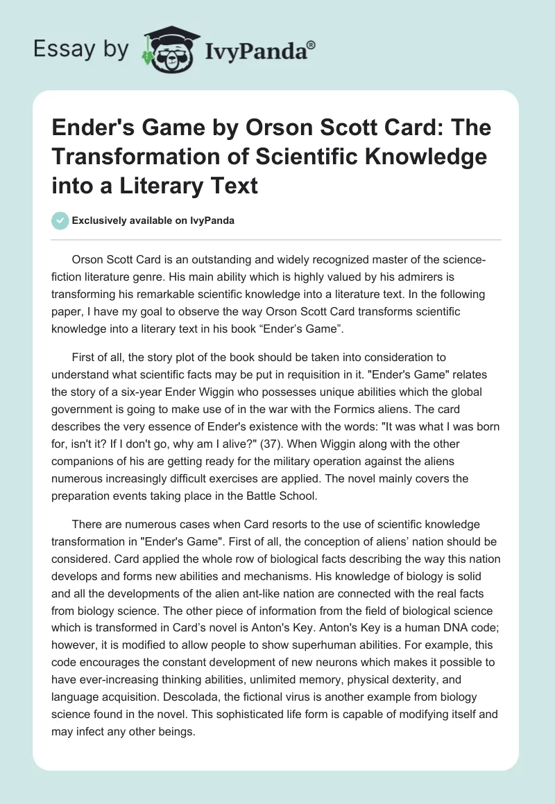 "Ender's Game" by Orson Scott Card: The Transformation of Scientific Knowledge into a Literary Text. Page 1