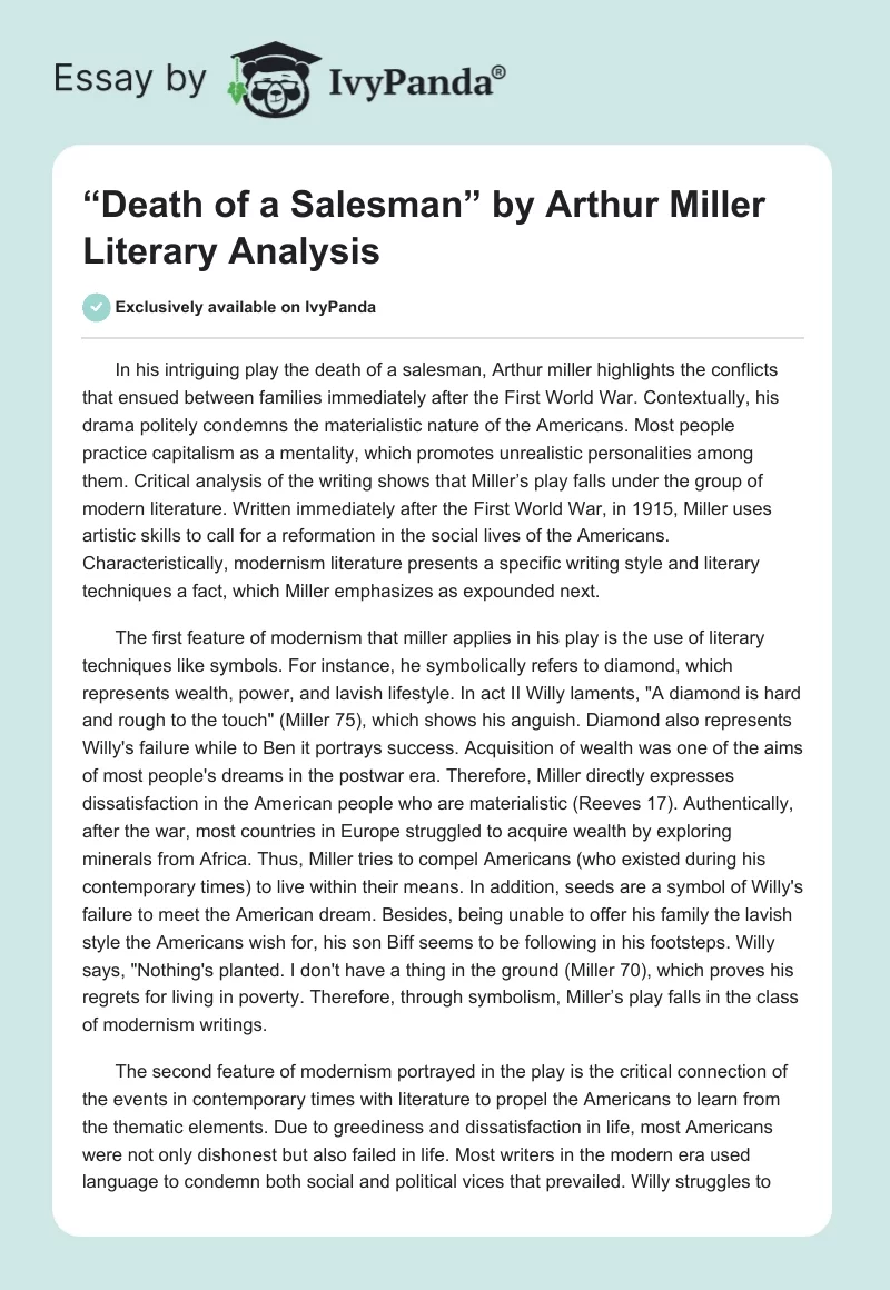 “Death of a Salesman” by Arthur Miller Literary Analysis. Page 1