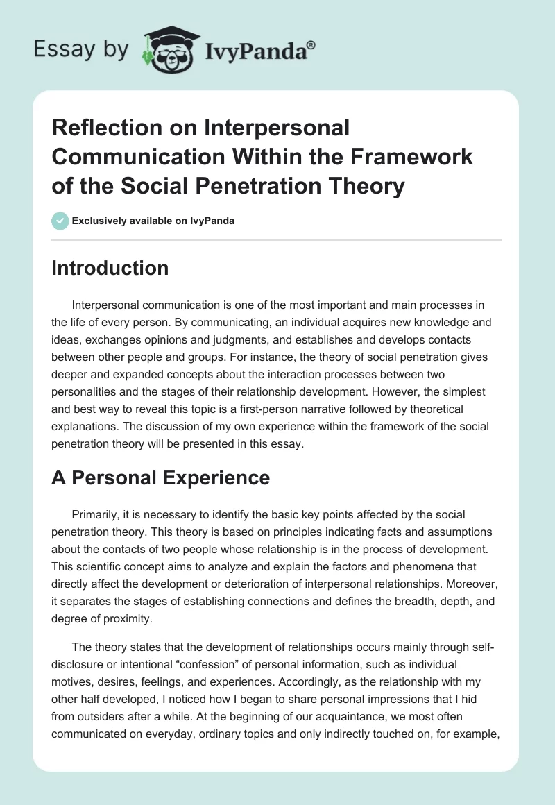 Reflection on Interpersonal Communication Within the Framework of the Social Penetration Theory. Page 1