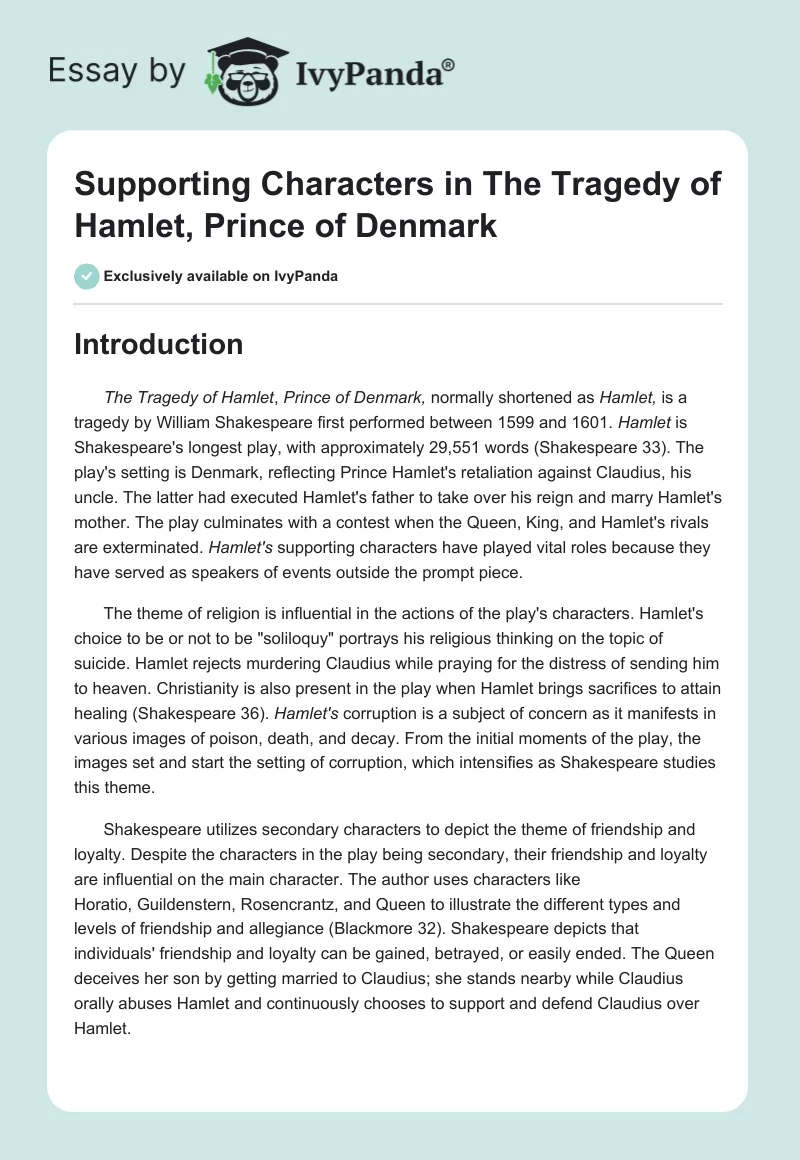Supporting Characters in "The Tragedy of Hamlet, Prince of Denmark". Page 1