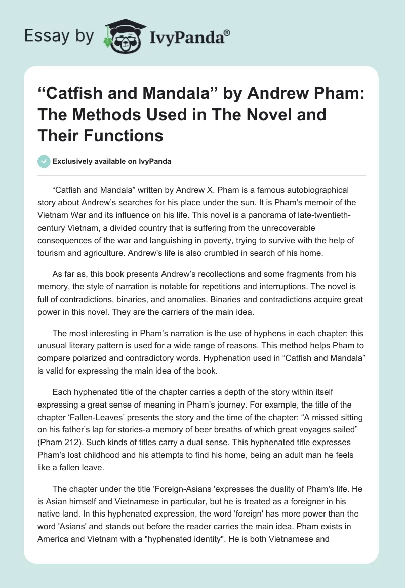 “Catfish and Mandala” by Andrew Pham: The Methods Used in The Novel and Their Functions. Page 1
