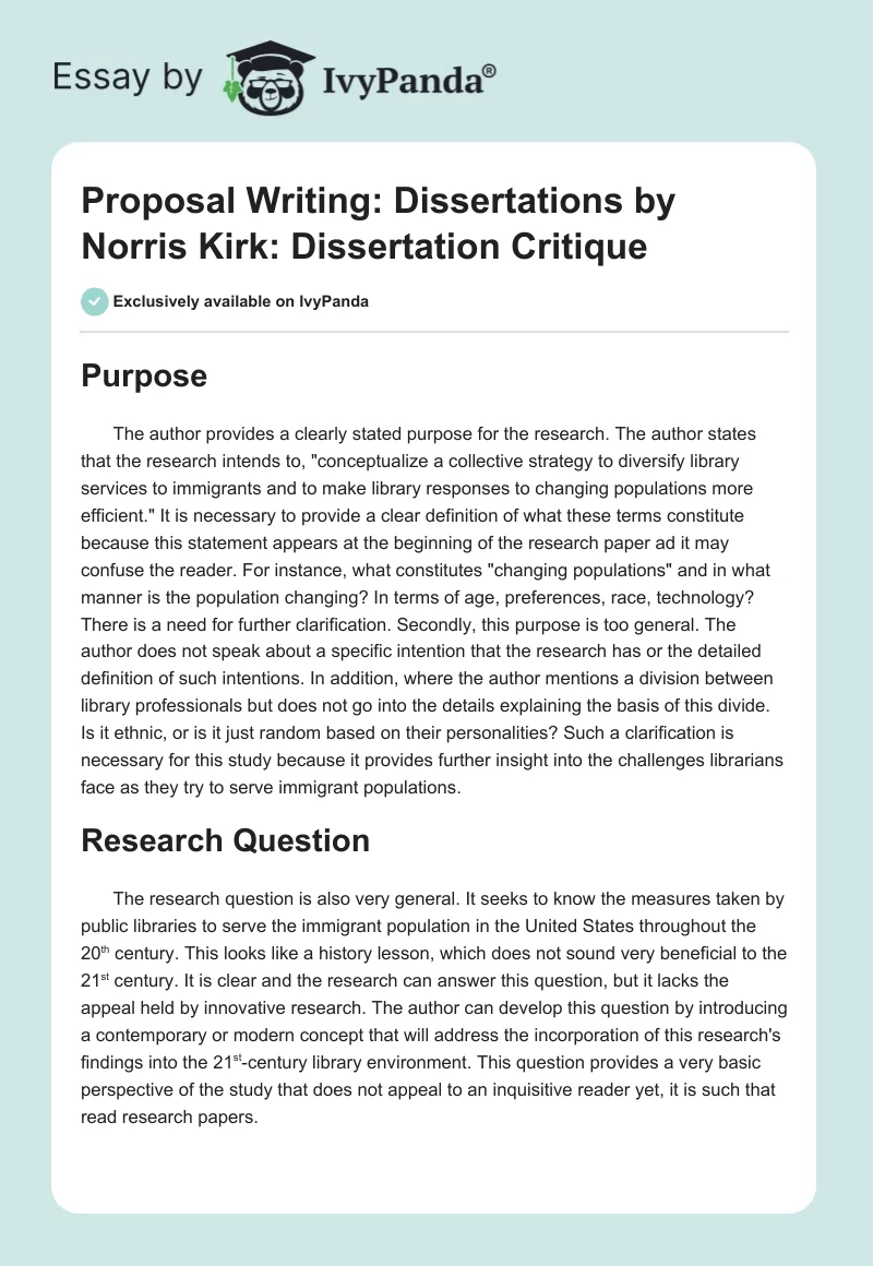 "Proposal Writing: Dissertations" by Norris Kirk: Dissertation Critique. Page 1
