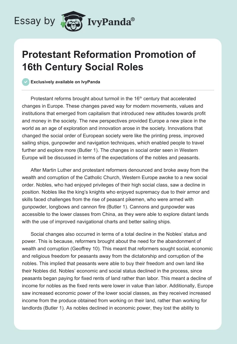Protestant Reformation Promotion of 16th Century Social Roles. Page 1