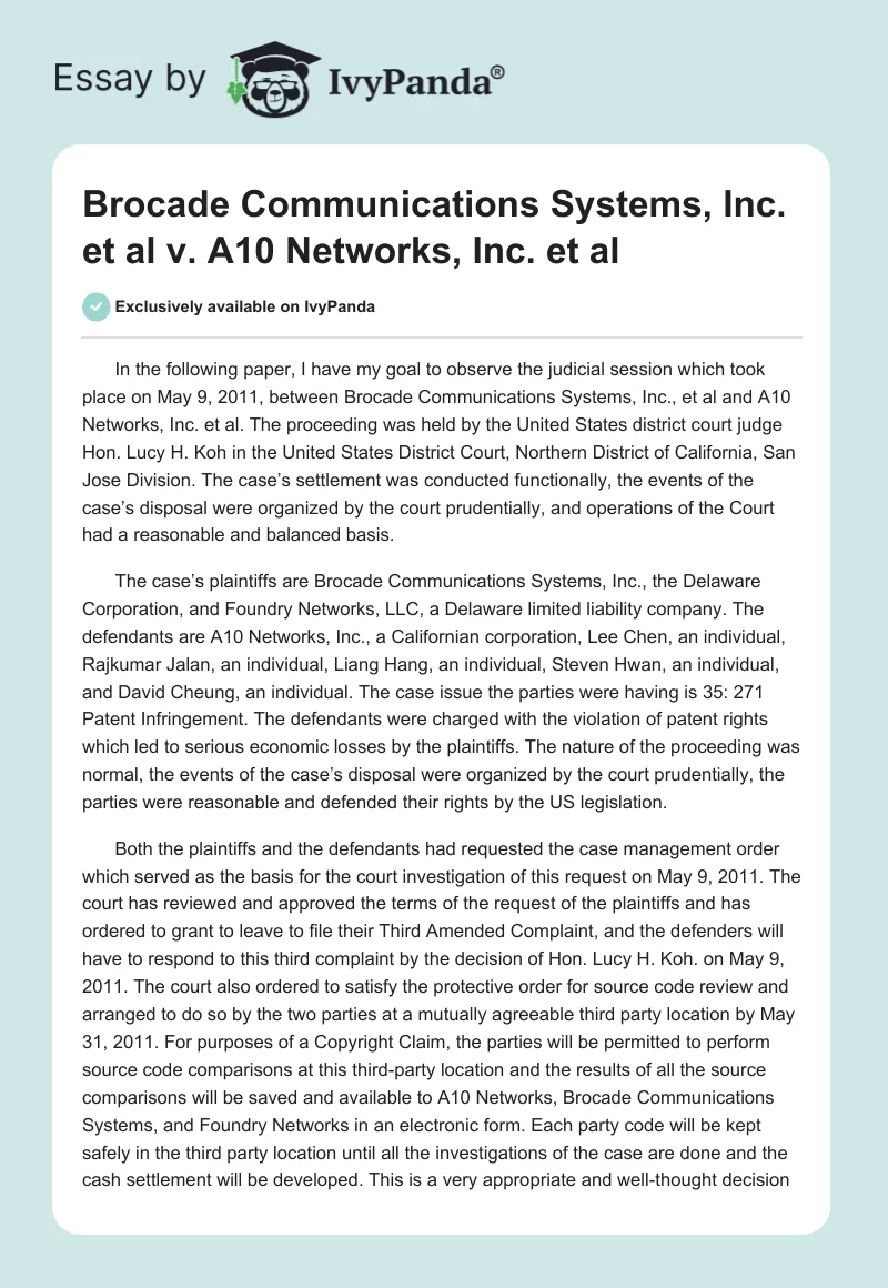 Brocade Communications Systems, Inc. et al v. A10 Networks, Inc. et al. Page 1