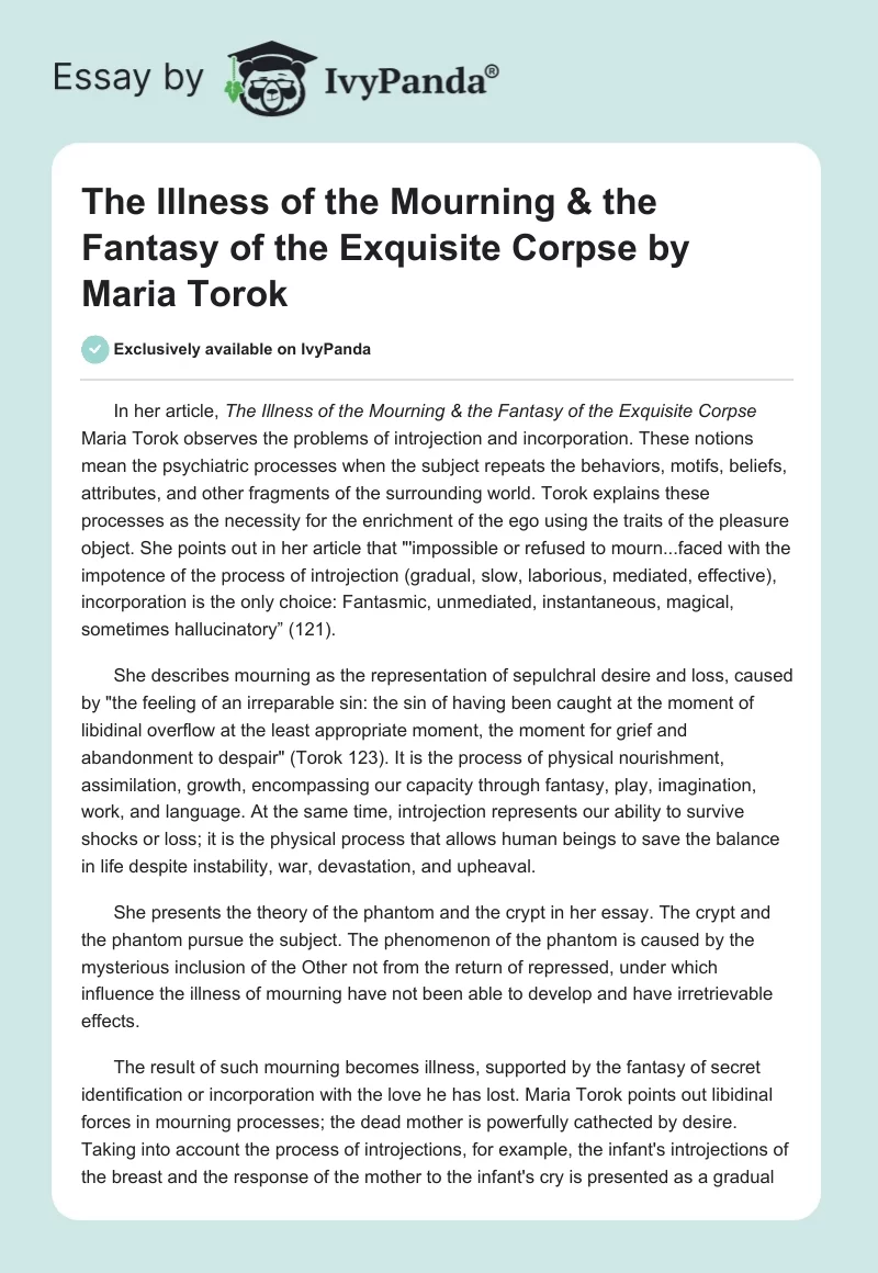 "The Illness of the Mourning & the Fantasy of the Exquisite Corpse" by Maria Torok. Page 1