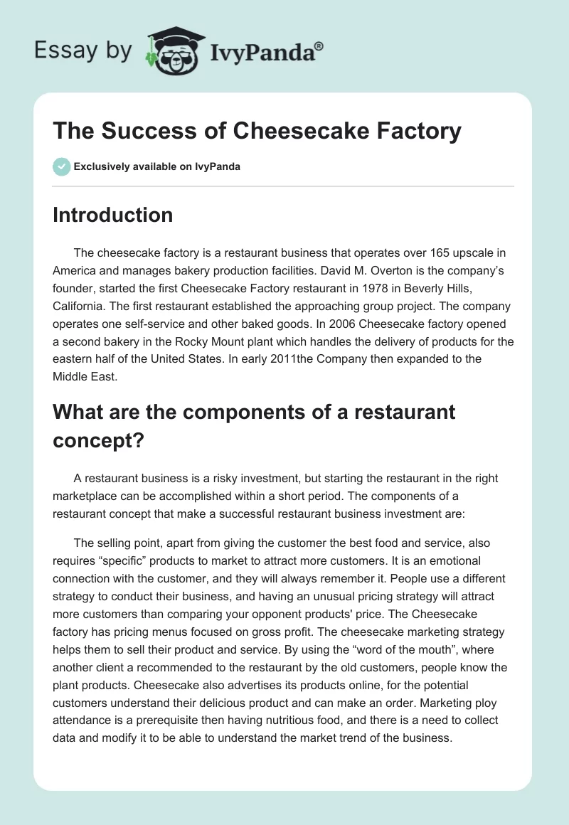 The Success of Cheesecake Factory. Page 1