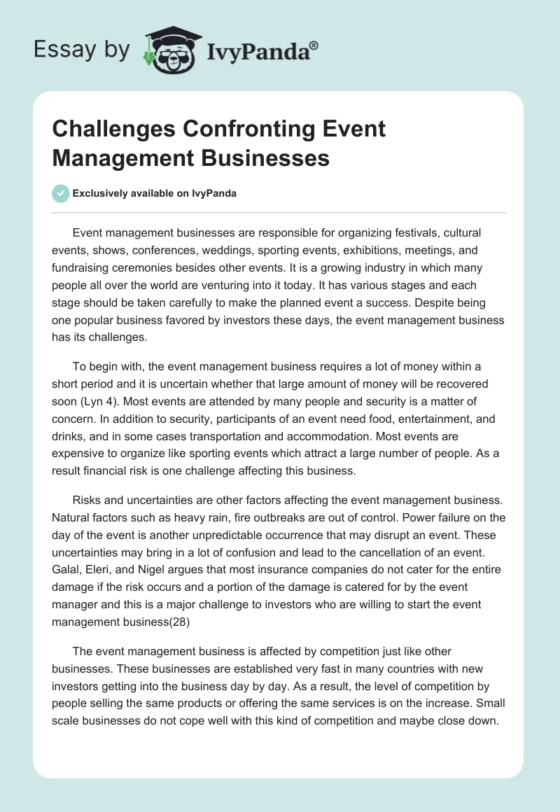 Challenges Confronting Event Management Businesses. Page 1