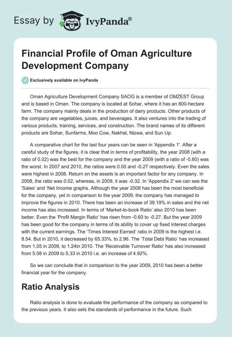 Financial Profile of Oman Agriculture Development Company. Page 1