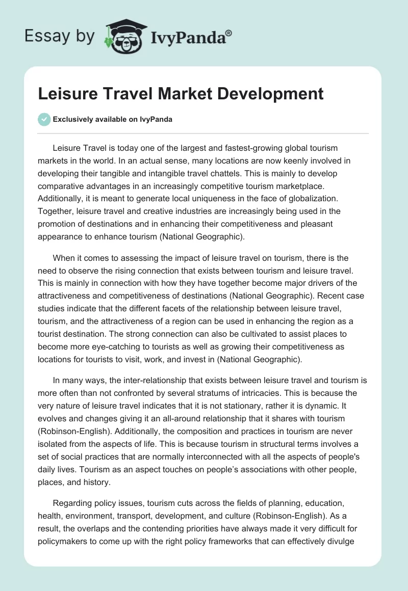 Leisure Travel Market Development. Page 1